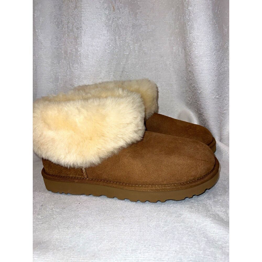 UGG Classic Mini Fluff Chestnut Suede Sheepskin Fur Boots Women Size US 9